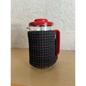 Vintage Bodum Denmark French Press Red Handle + 1985 Coffee Cozy Sleeve